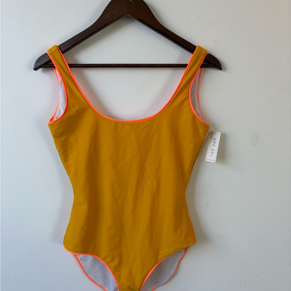 Cover swimsuit in Mustard and Neon Coral